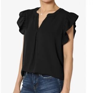 Calvin Klein - Black Ruffled Short Sleeve Full Length V Neckline Flowy Blouse